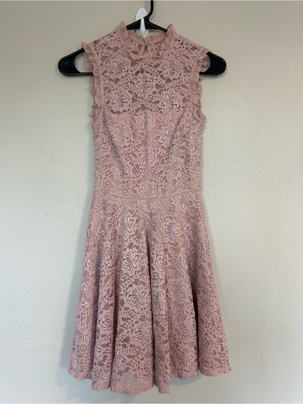 City Studio Juniors Sz 1 Pink Floral Lace Fit & Flare High Neck Short Dress(1992